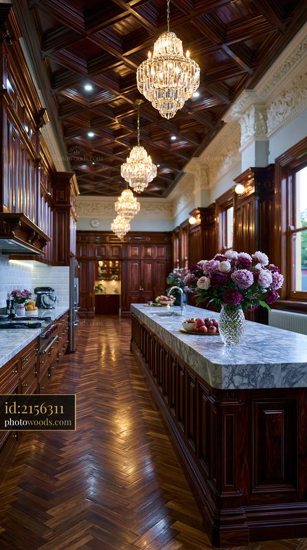 Classic Kitchen Interior With Coffered Ceiling and Marble Countertop