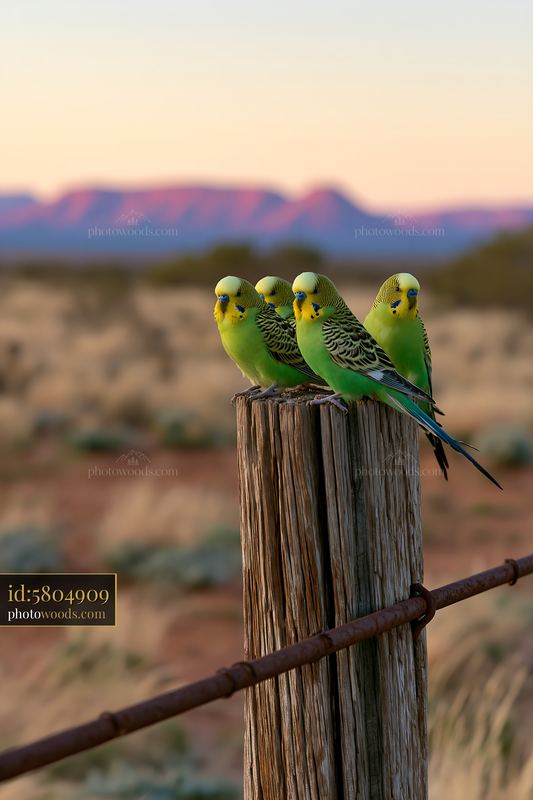 Budgerigars perched on a wooden post in a desert landscape