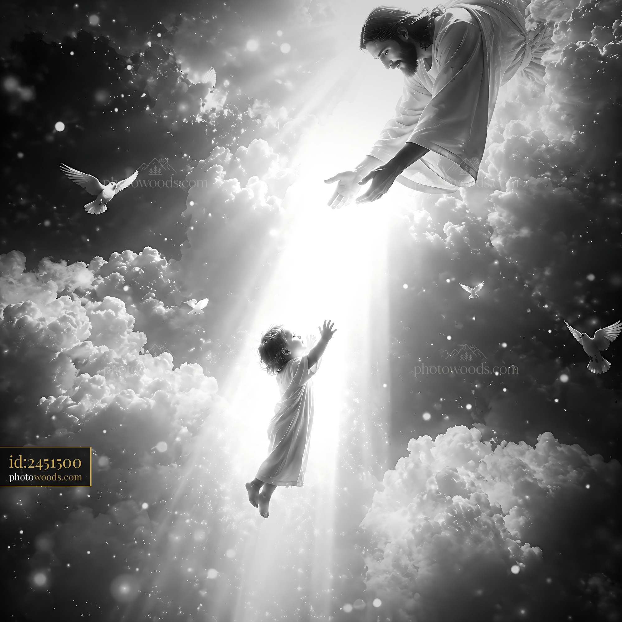 Jesus Reaches out to a Child in a Bright Light From Above