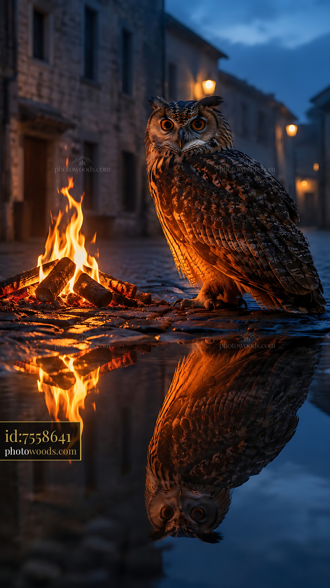 Owl Stands Near Fire Reflecting in Water at Night in Quiet Street
