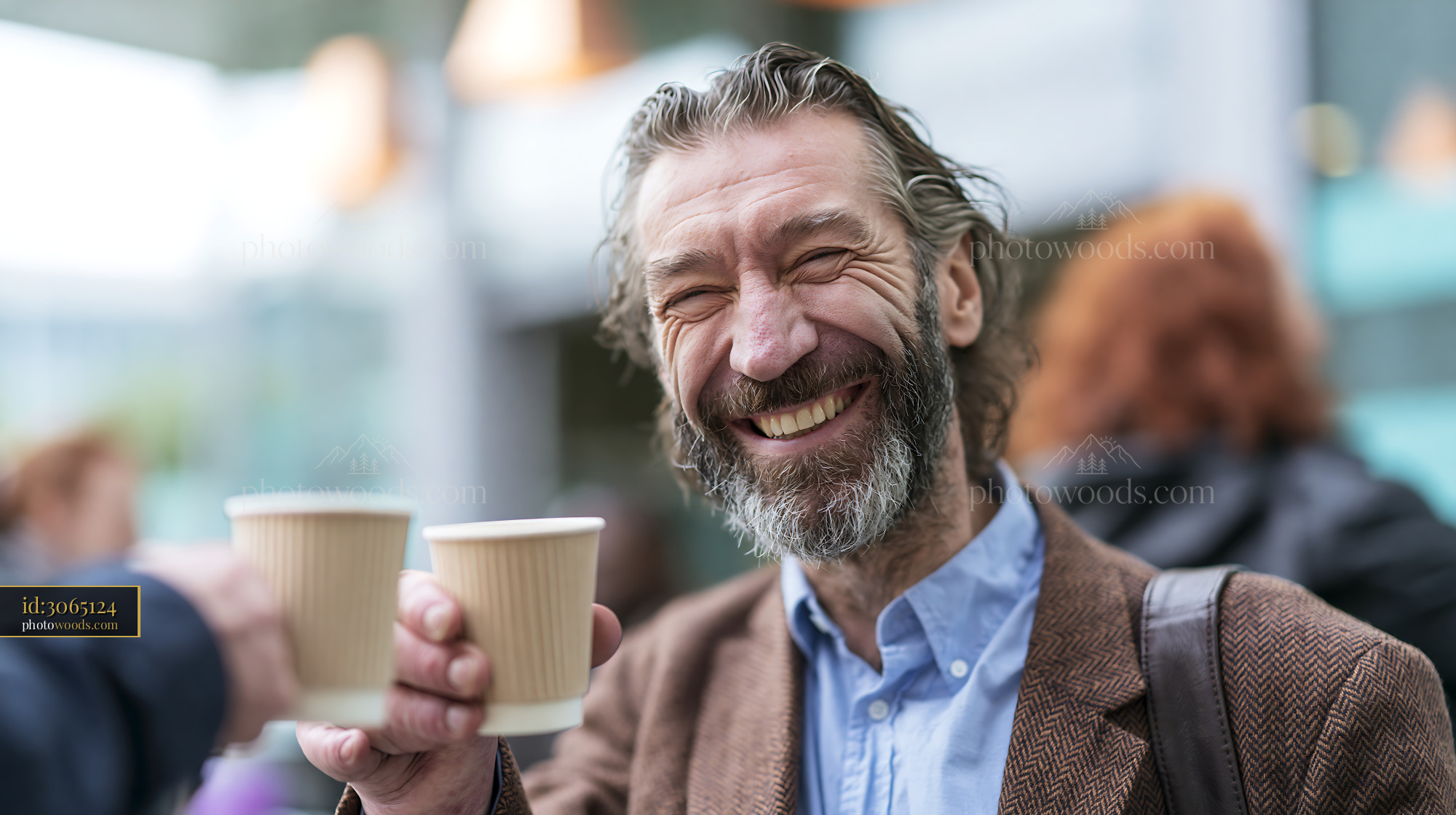 Laughing Accountant Enjoying Coffee With a Friend in a City Setting