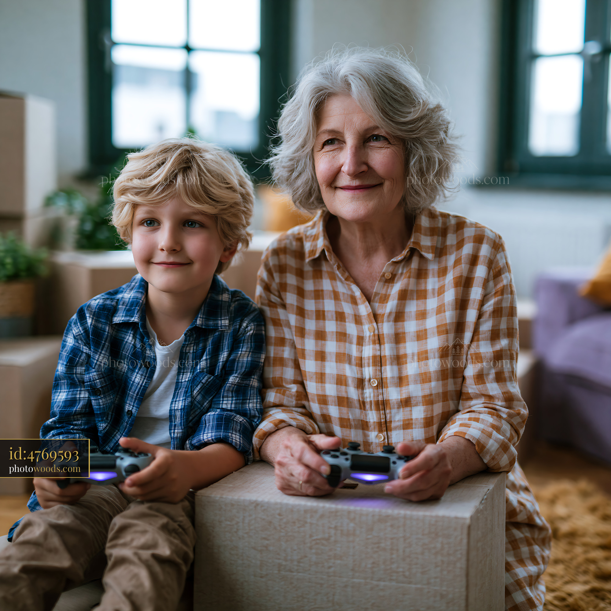 Older Woman and Grandson Gaming Together in Cozy Living Room