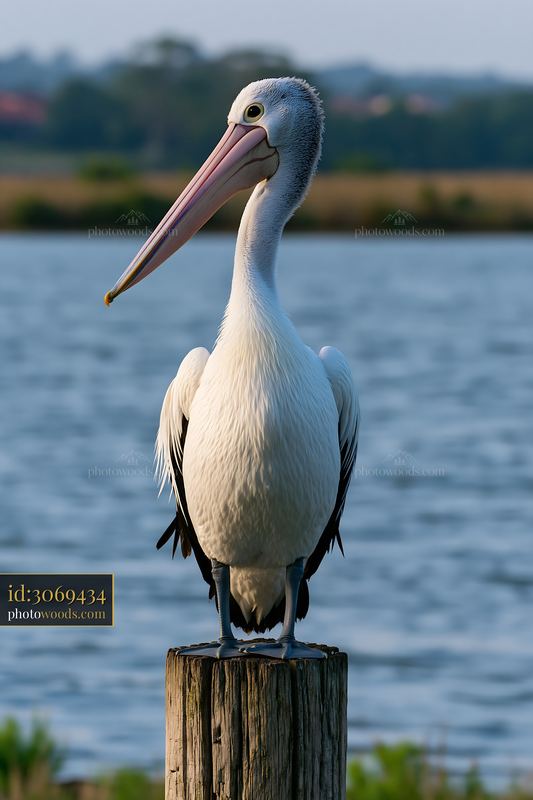 Australian pelican perched beside a coastal lagoon