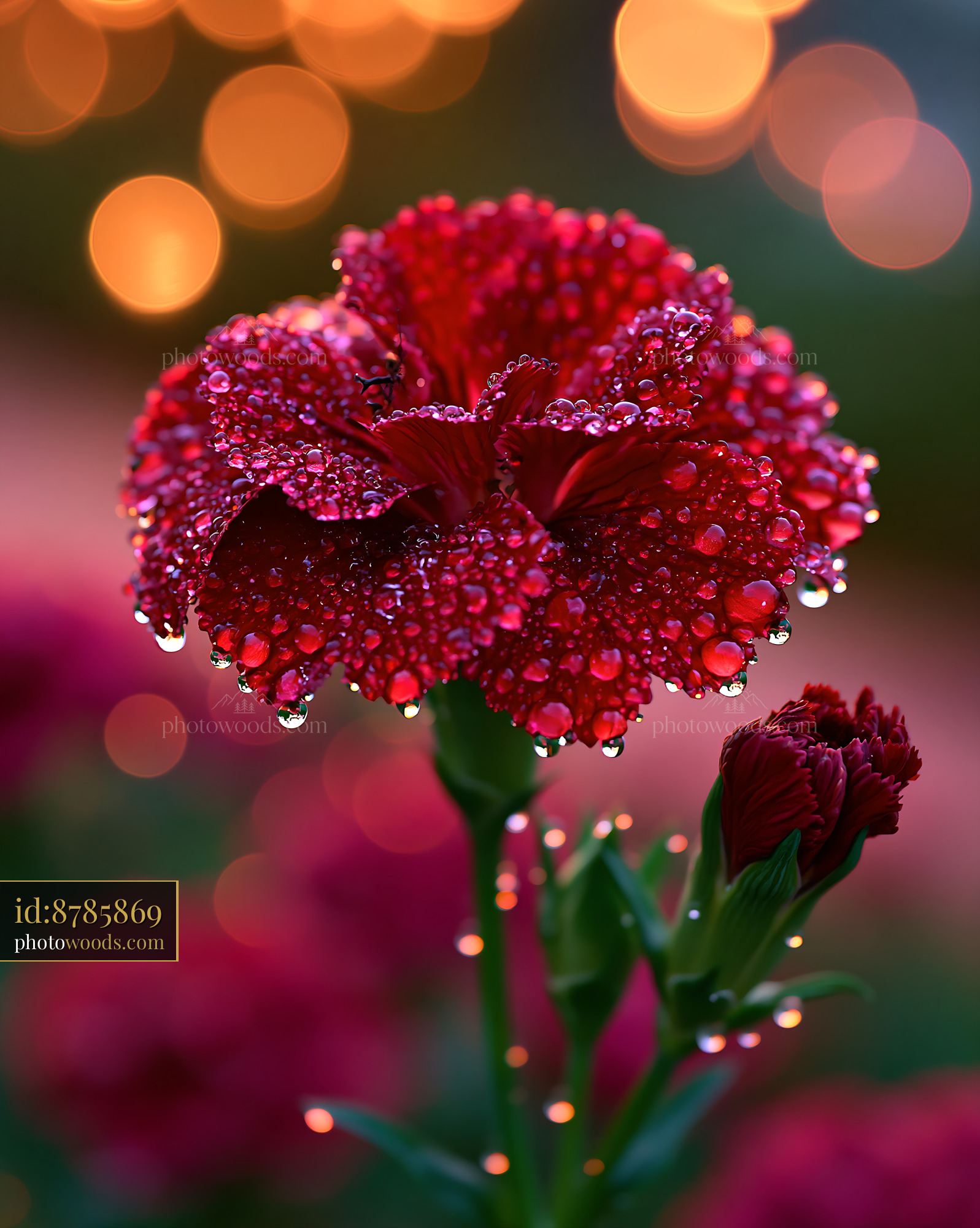 Red Flower With Dew Drops Under Soft Light in Garden Setting