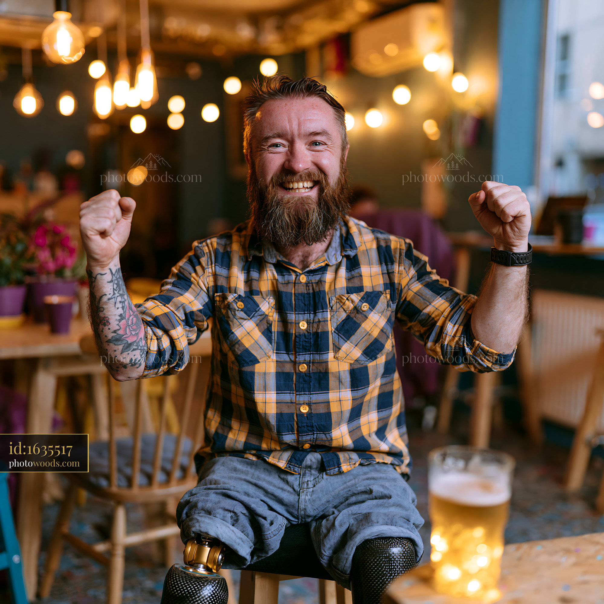 Cheerful Man With Prosthetic Leg Celebrating in a Cozy Bar