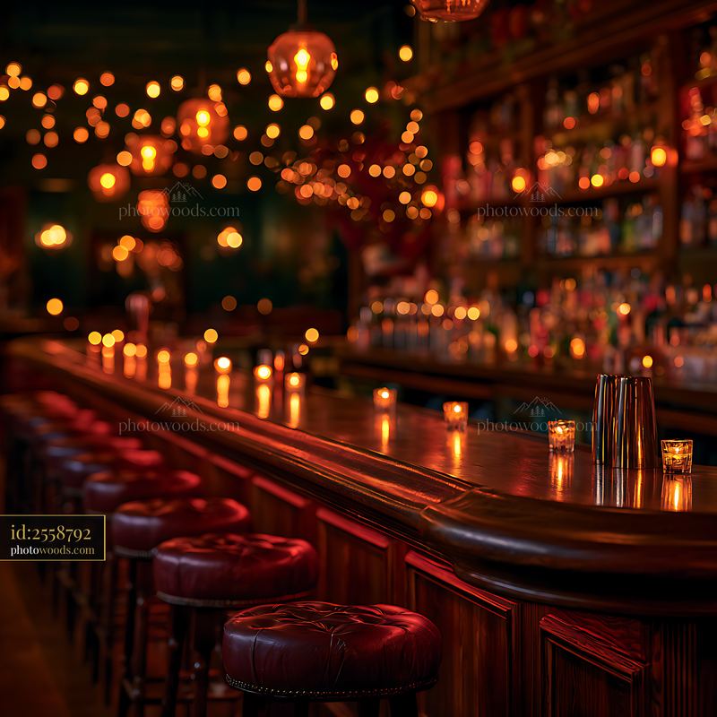 Warmly lit cocktail bar interior with glowing pendant lights