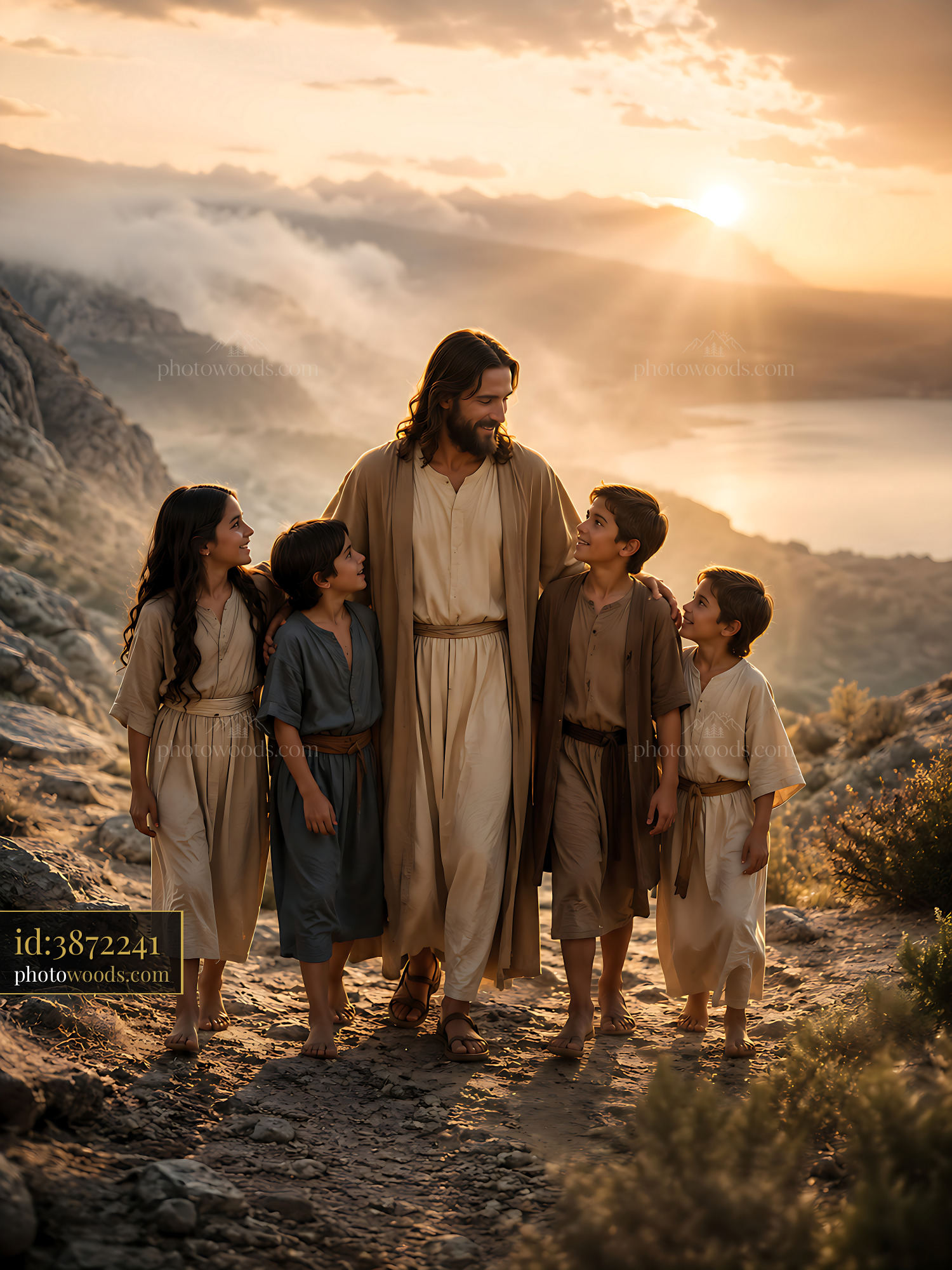 Jesus Walks With Children on a Rocky Path at Sunset