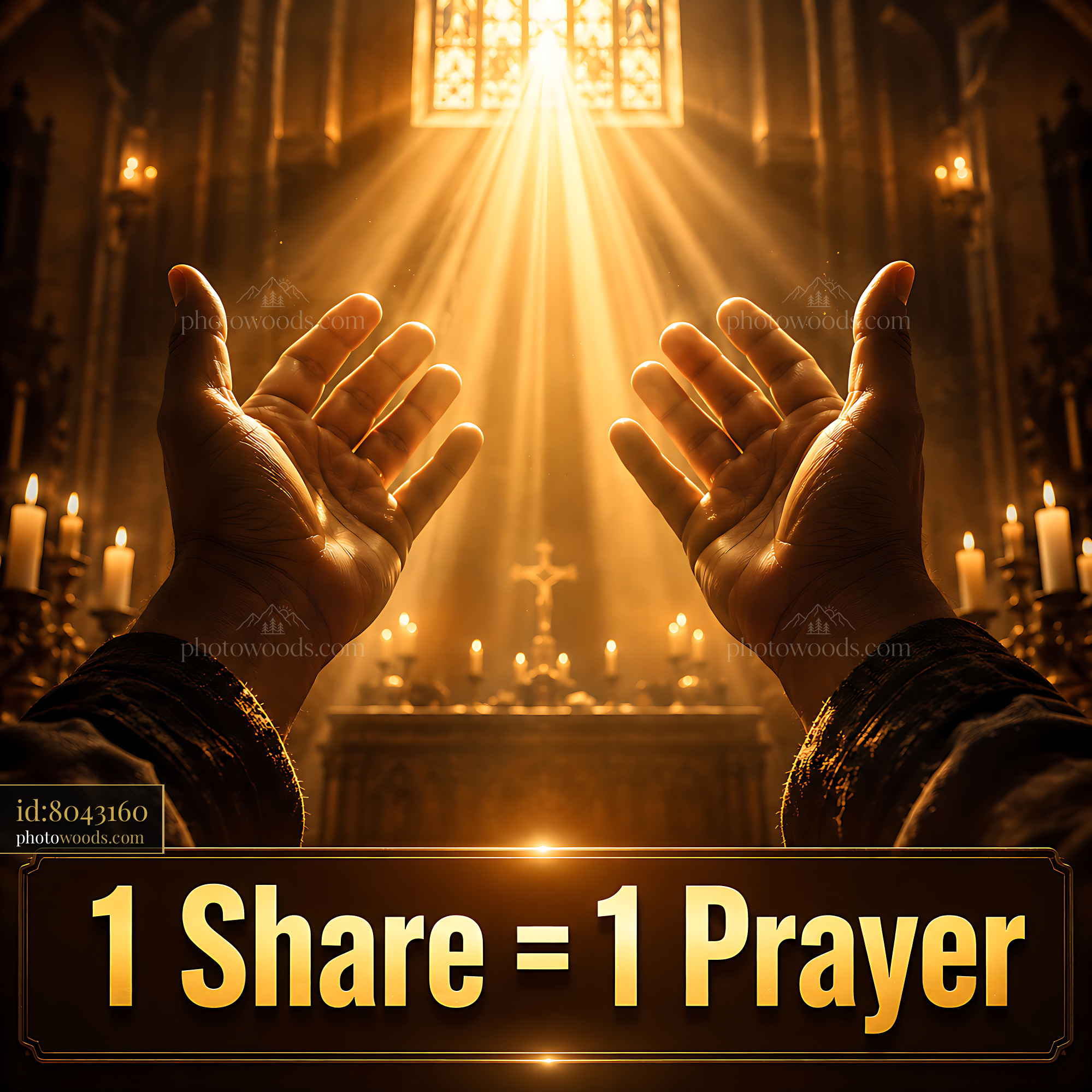 Hands Raised in Prayer With Light Shining in a Church Setting
