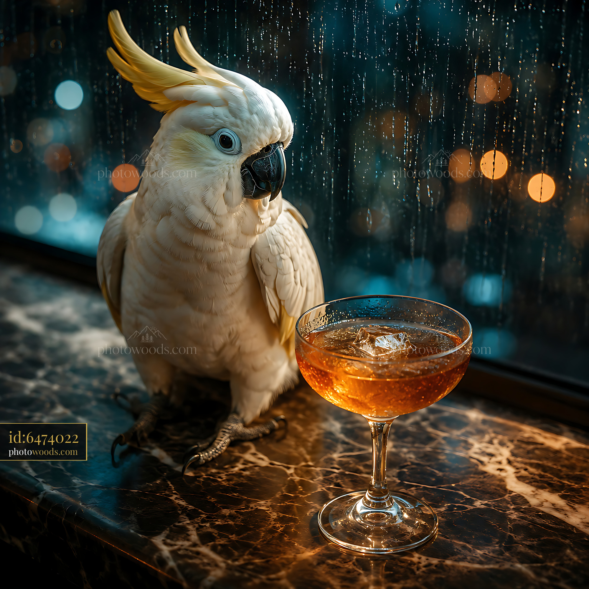 Cockatoo Sits Near a Cocktail Glass on a Rainy Night