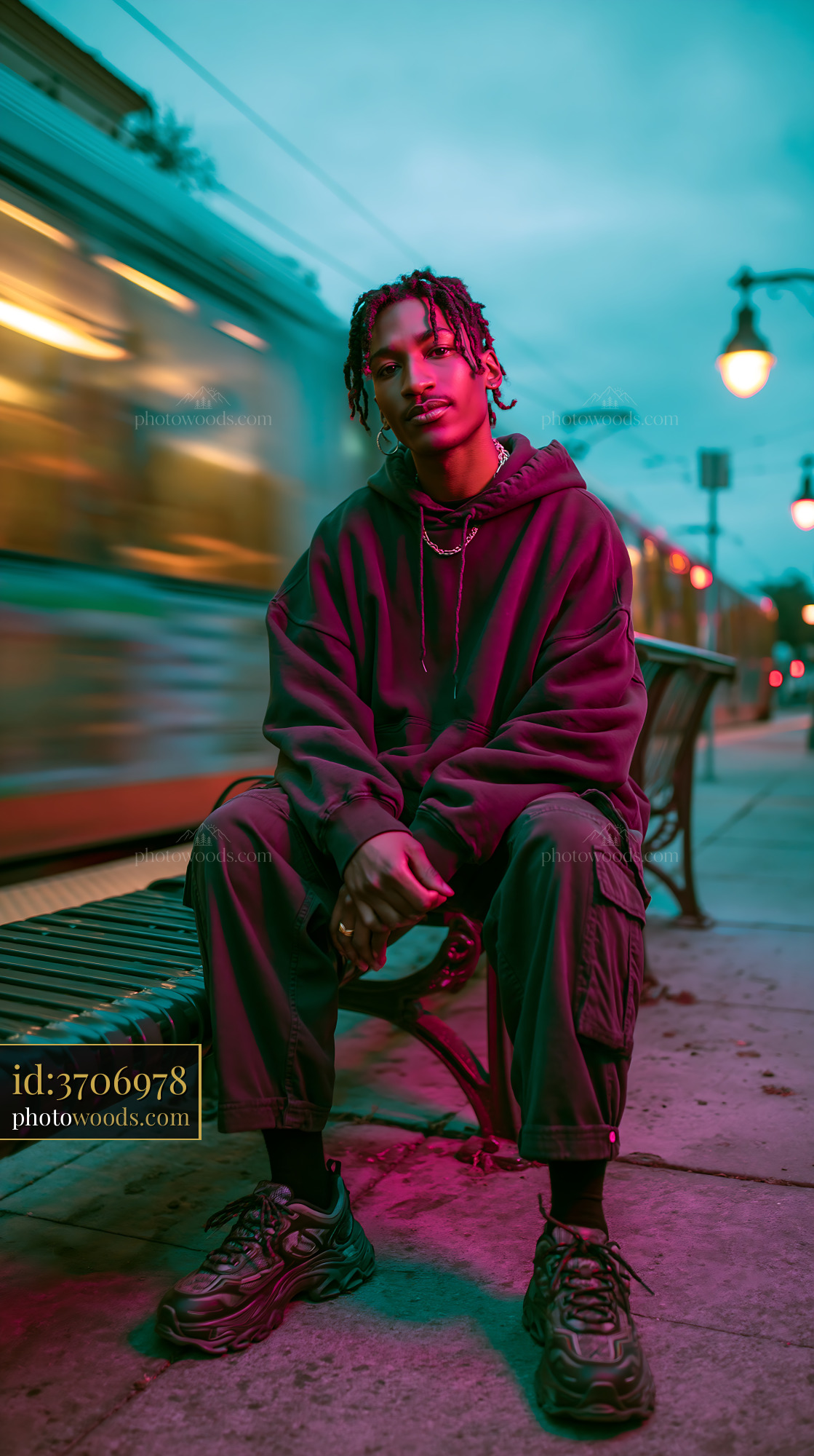 Confident Young Man in Oversized Hoodie Seated at Bus Stop