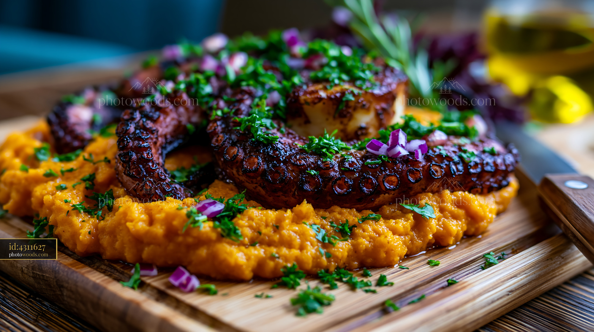 Grilled Octopus Tentacle Served on Smoked Paprika Puree