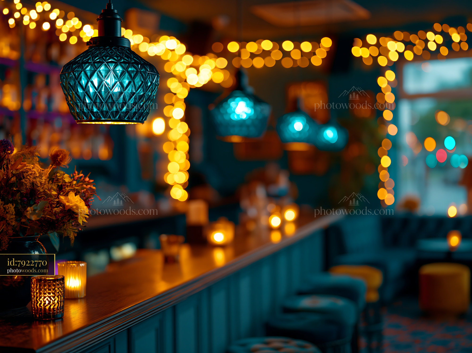 Bar Scene With Blue Lights and Candles Creating Warm Atmosphere