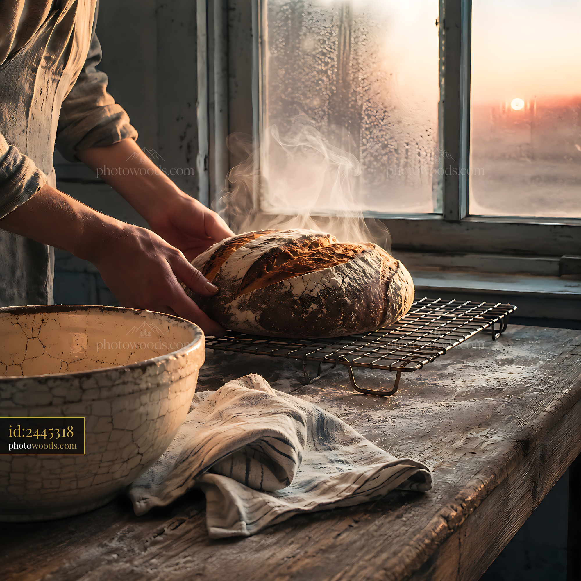 Baker Holds Fresh Loaf of Bread by Window at Sunset