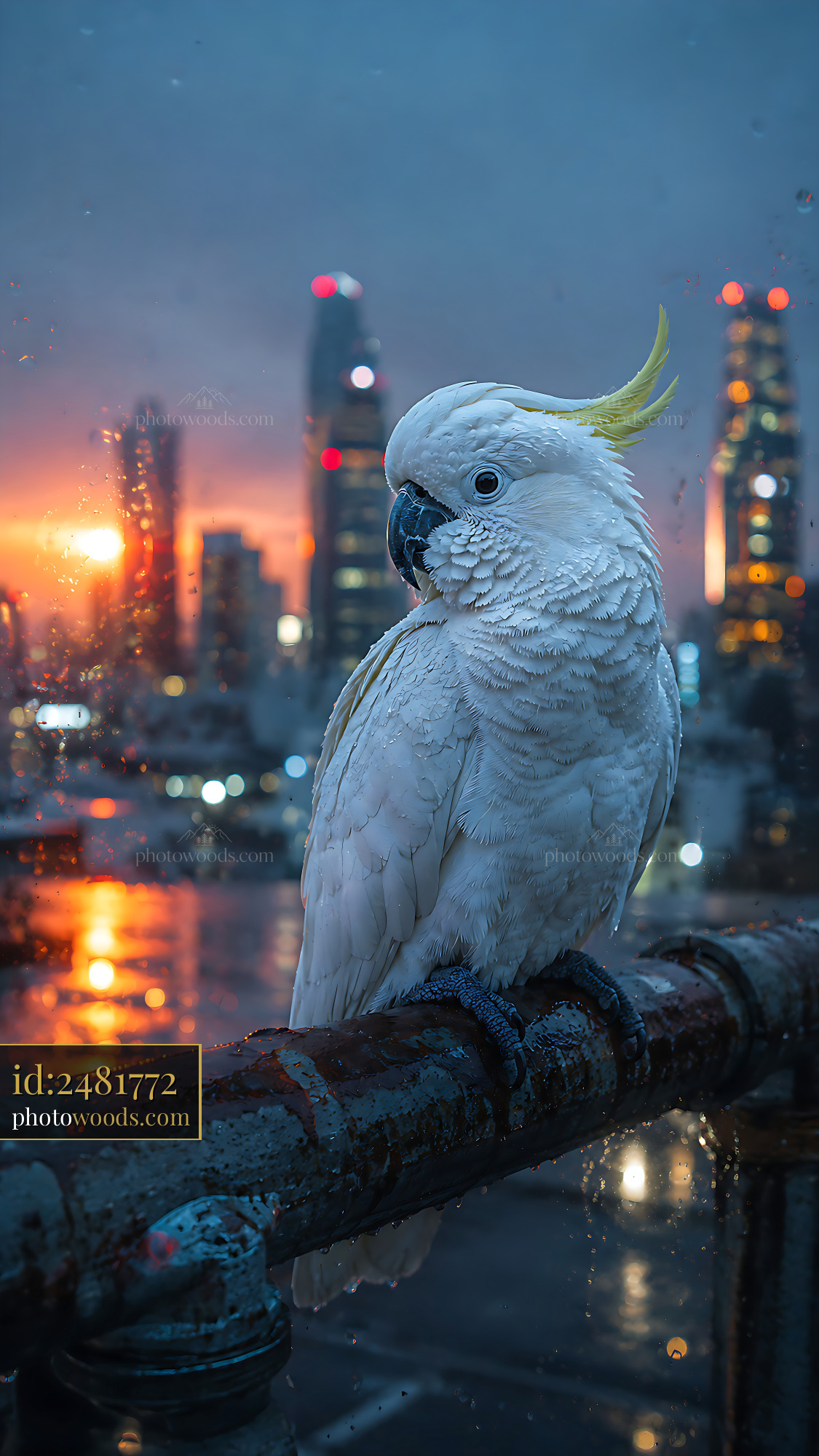 Cockatoo Perches on Railing During Sunset in City Environment
