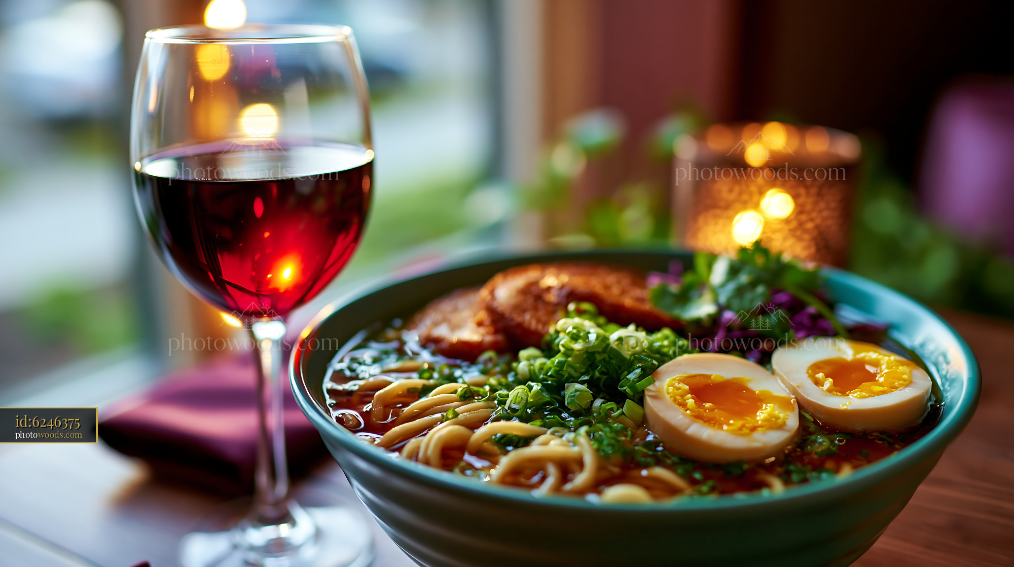 Bowl of Ramen With Soft Egg, Chashu and Red Wine at Restaurant
