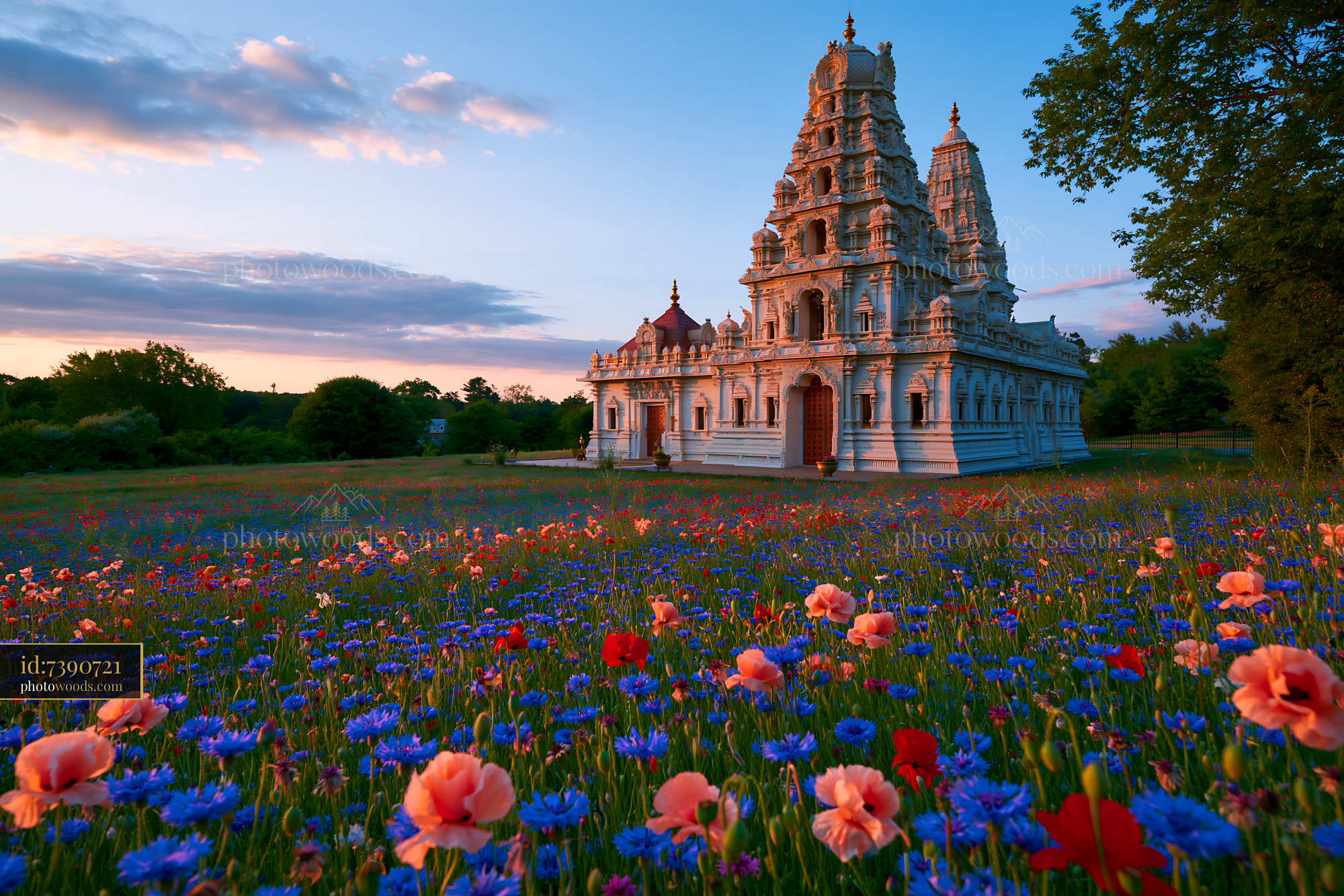 Hindu Temple Surrounded by Colorful Wildflowers in Sunset Light
