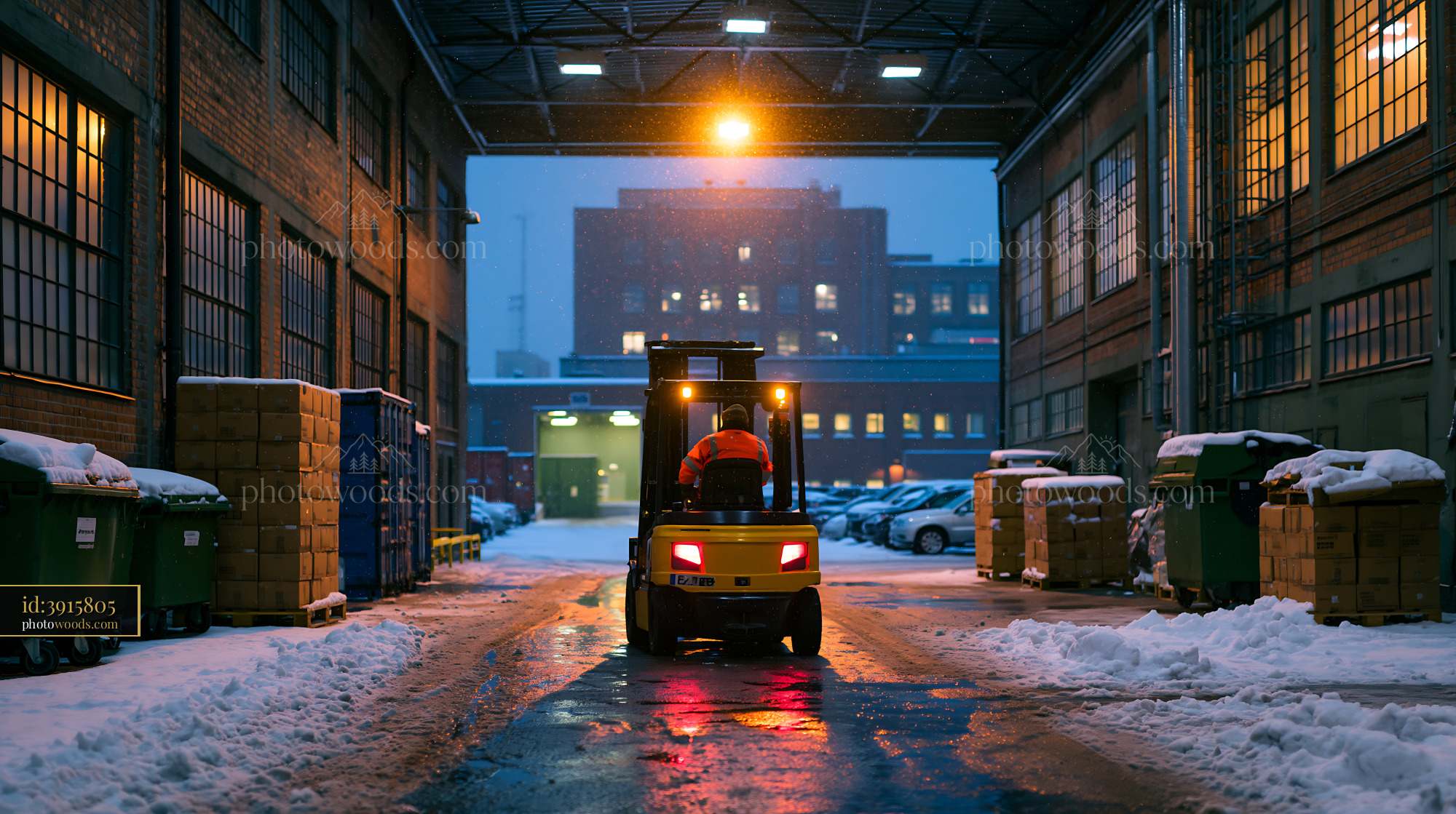 Forklift Driver Delivering Parcels in Winter at Night