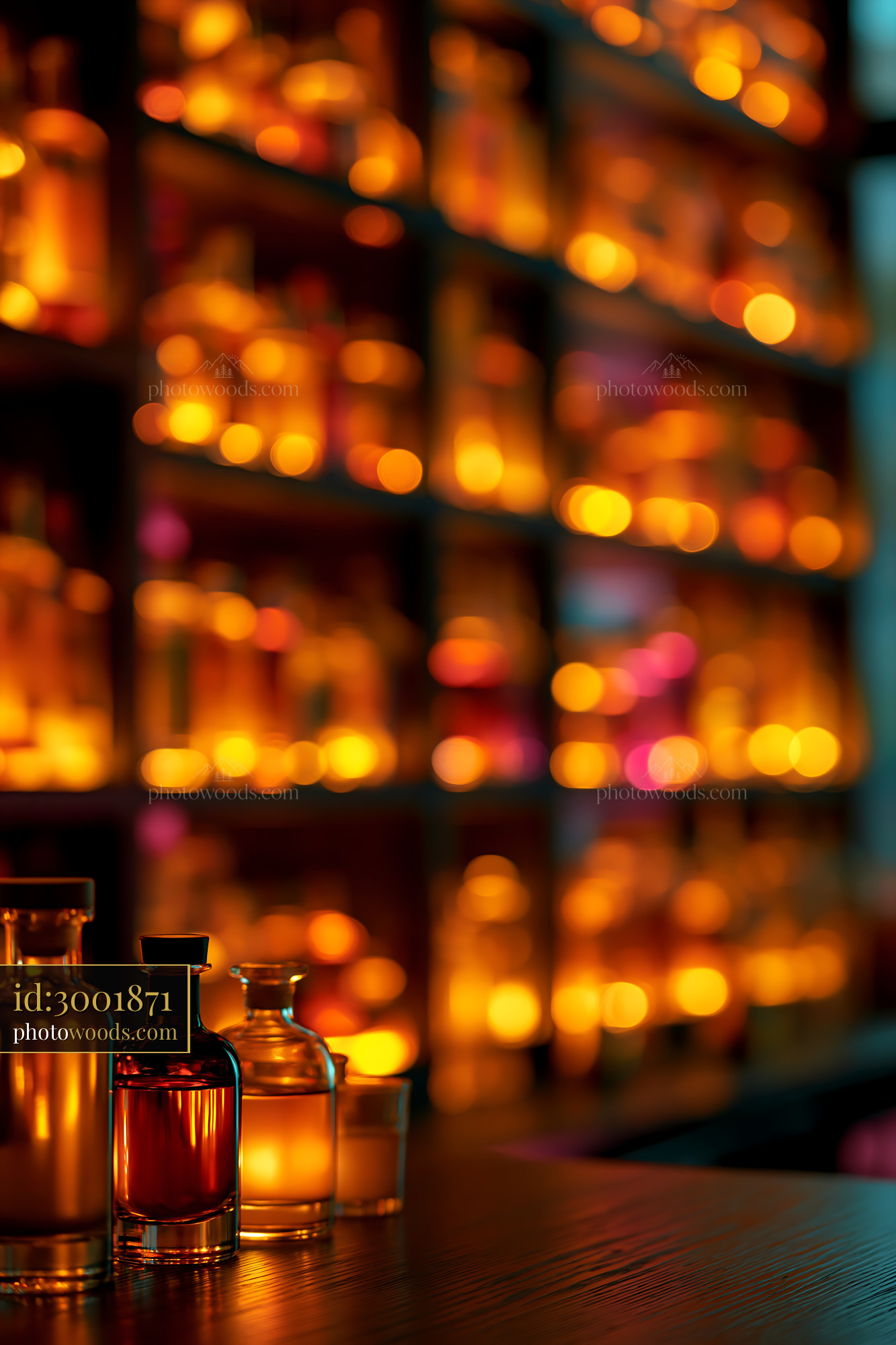 Bottles of Amber Liquid on Wooden Table With Blurred Background