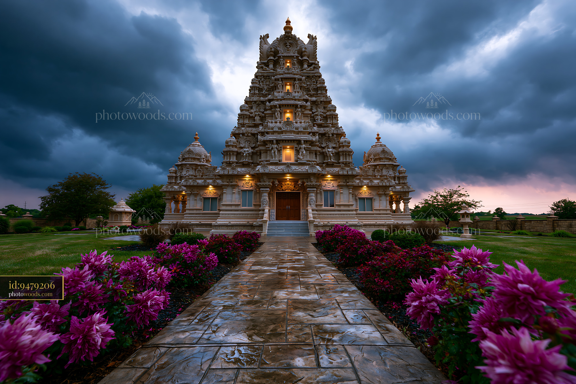 Kaila Temple With Flowers Under Dramatic Stormy Sky
