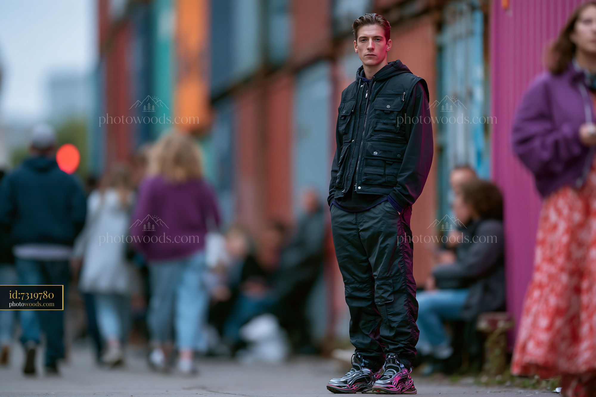 Man in Tactical Vest Standing in Urban Setting With People