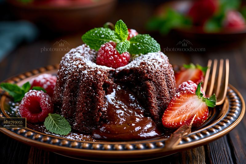 Chocolate Lava Cake With Molten Center and Fresh Berries