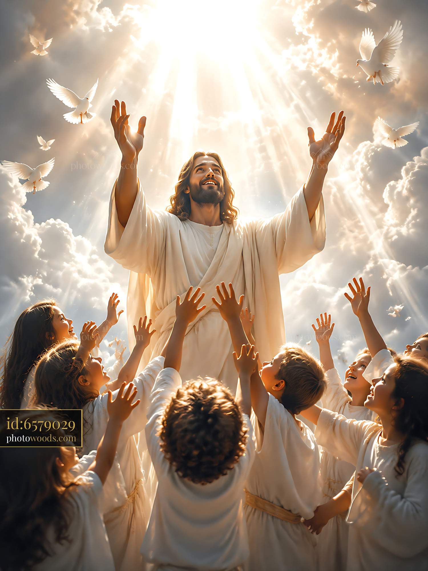 Jesus Engages With Children, Surrounded by Light and Doves