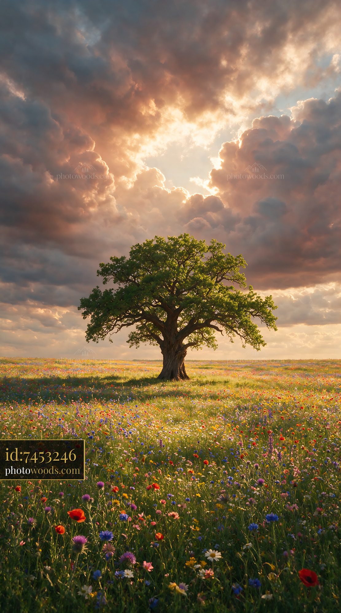 Wildflowers Blooming Under a Grand Tree in an Open Field