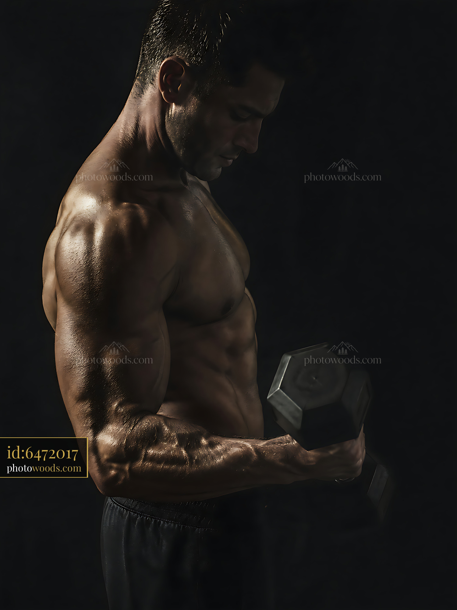 Strong Man Lifting Dumbbell During Workout in Dark Setting