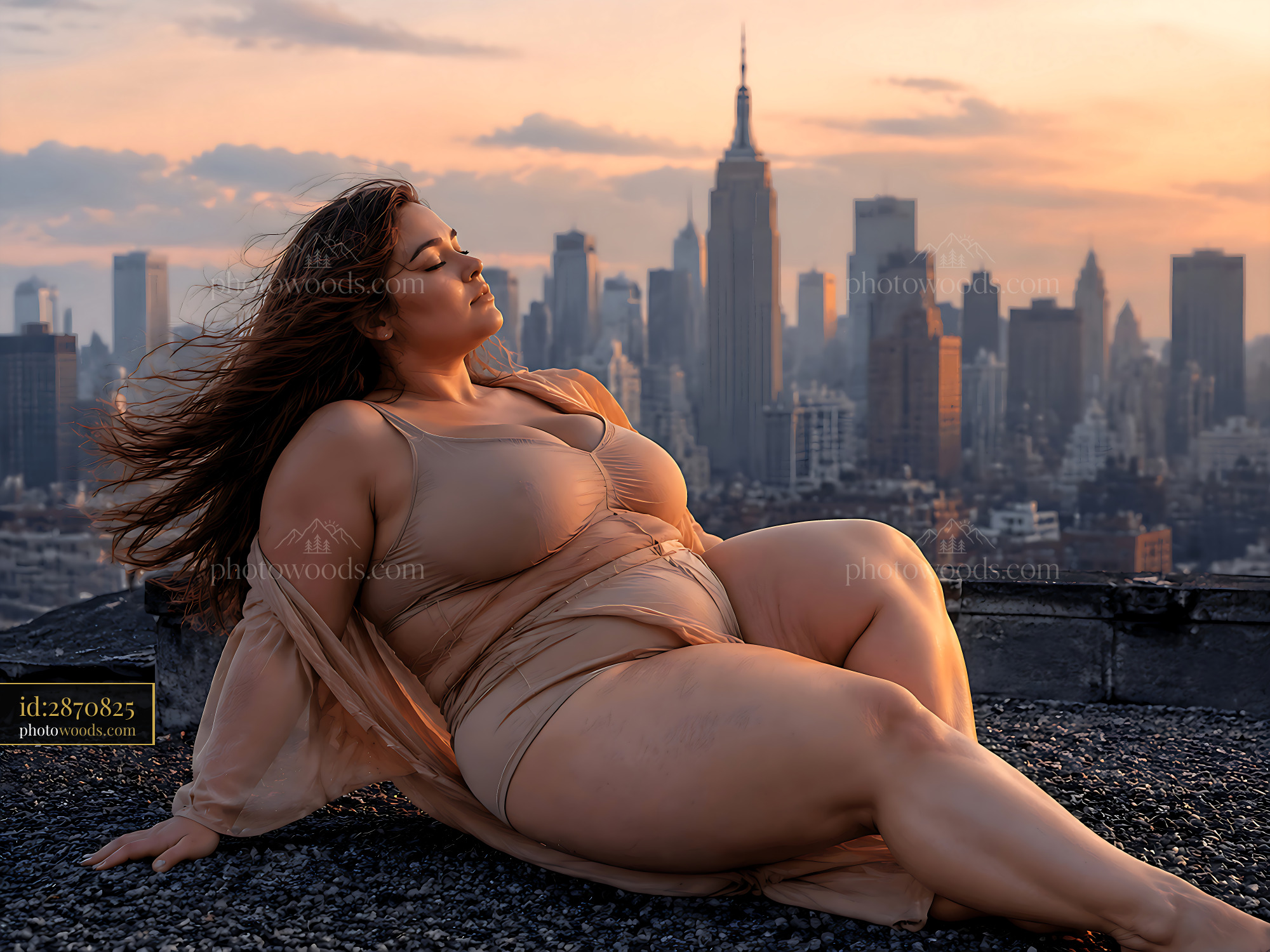 Model Poses on Rooftop With City Skyline at Sunset