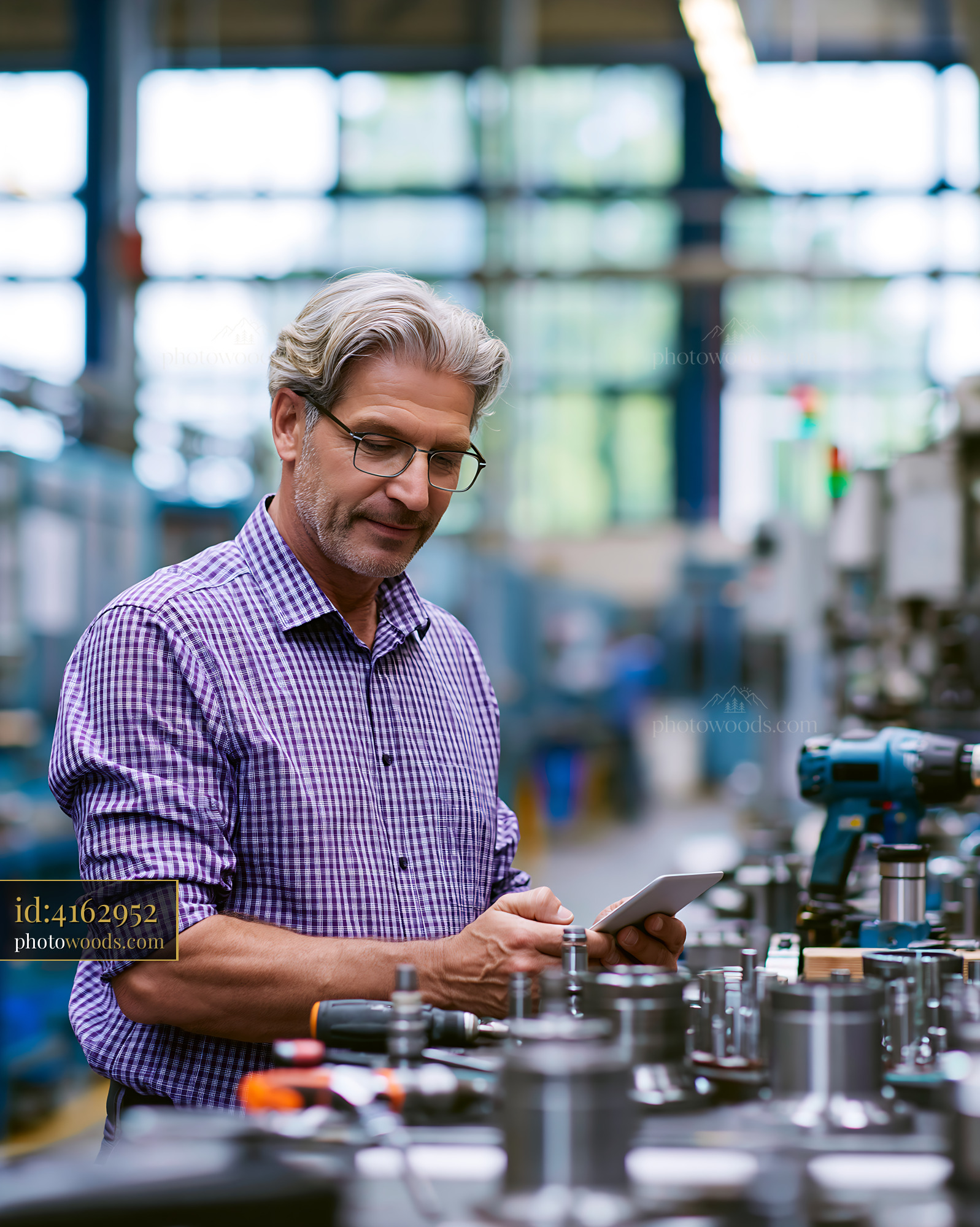 Employee Checking Data on a Tablet in Factory Setting