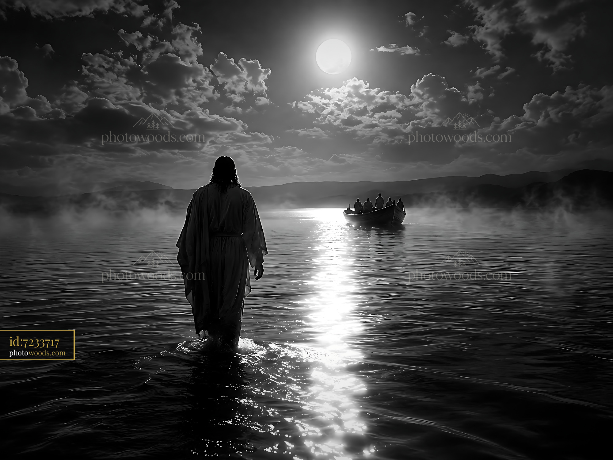 Jesus Walks on Water Toward a Boat in Black and White Scene