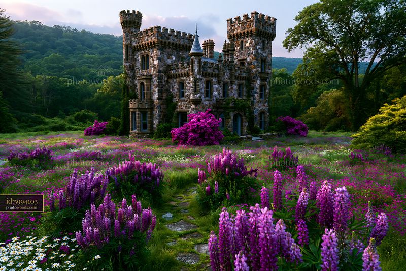 Stone castle surrounded by a colorful wildflower meadow