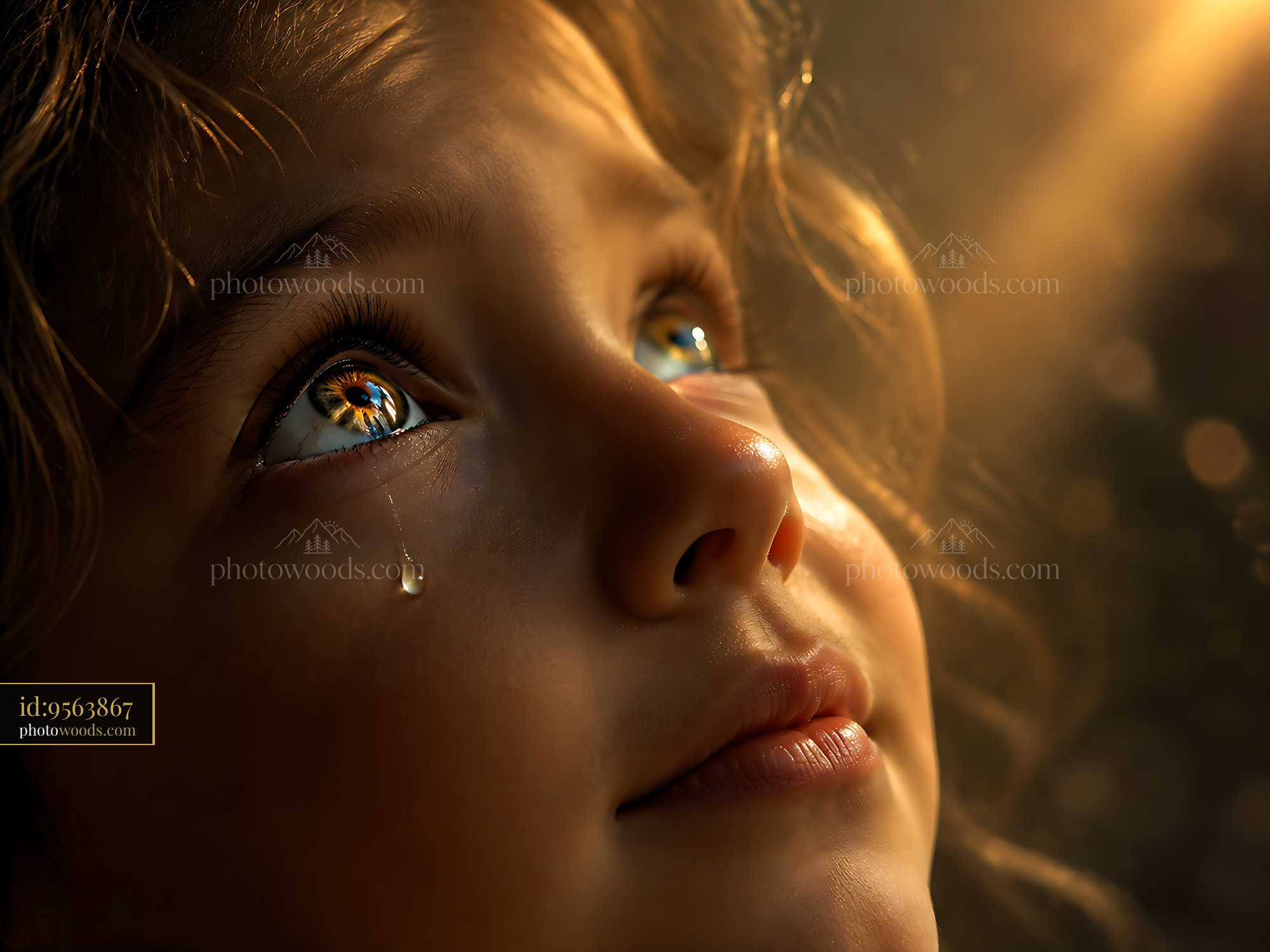 Child With Tear Looking up at Warm Light From Above