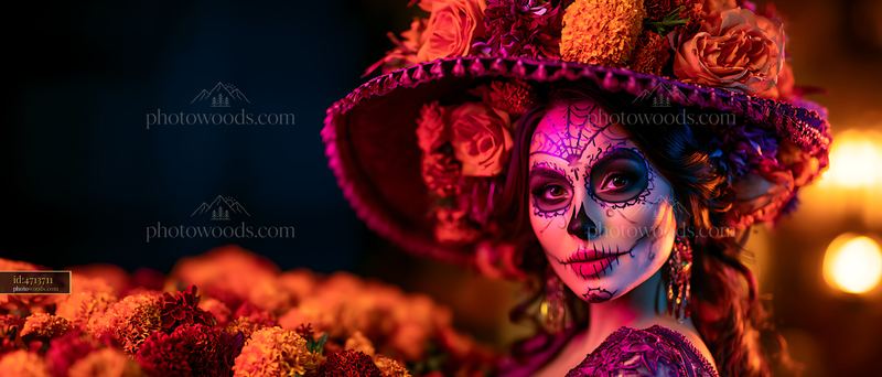 Portrait of a woman with sugar skull face paint and flower hat