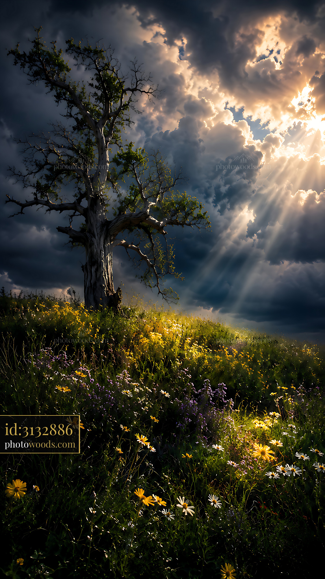 Tree Stands on a Hill, Sunlight Breaks Through Clouds