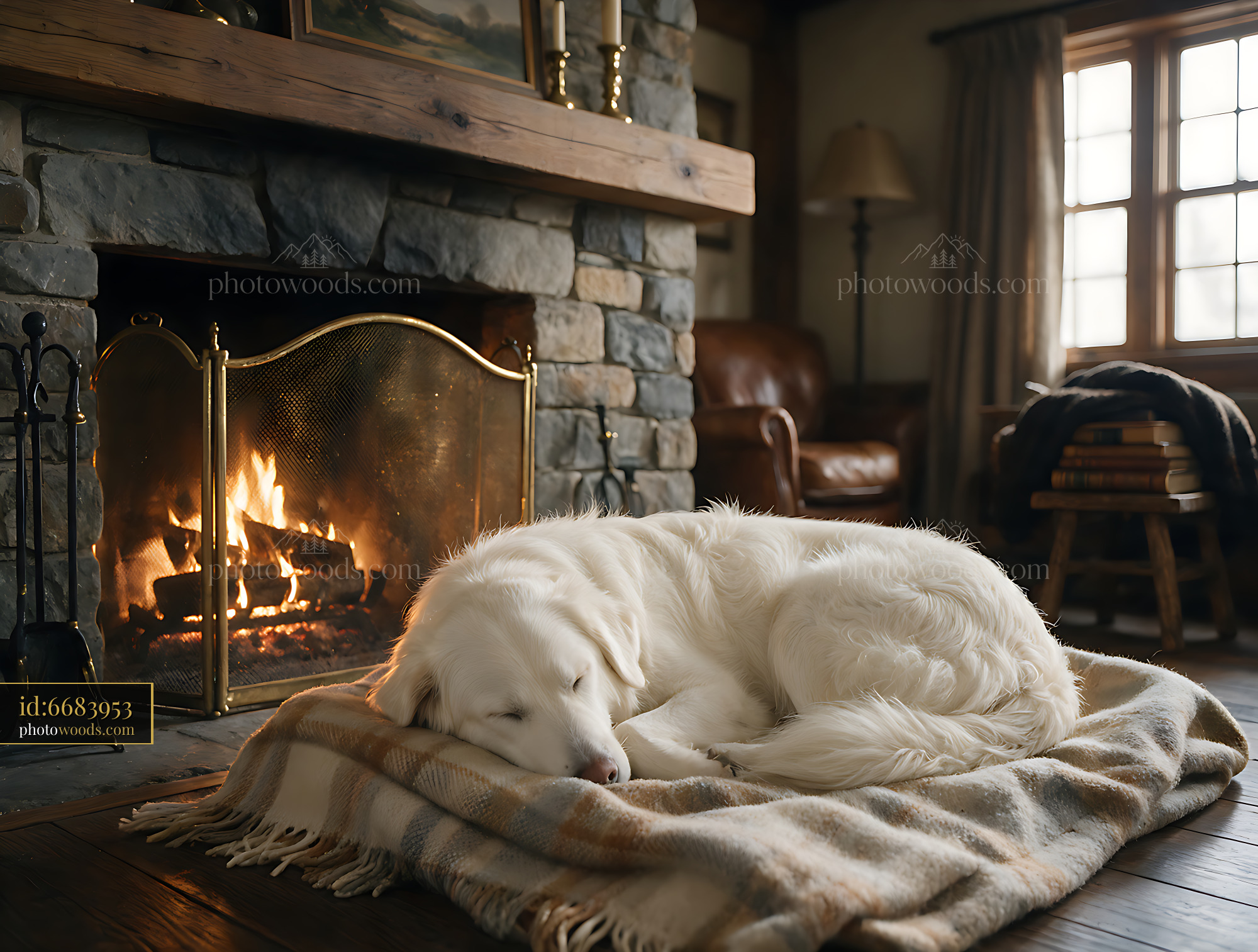 White-coated dog sleeping beside a cozy stone fireplace