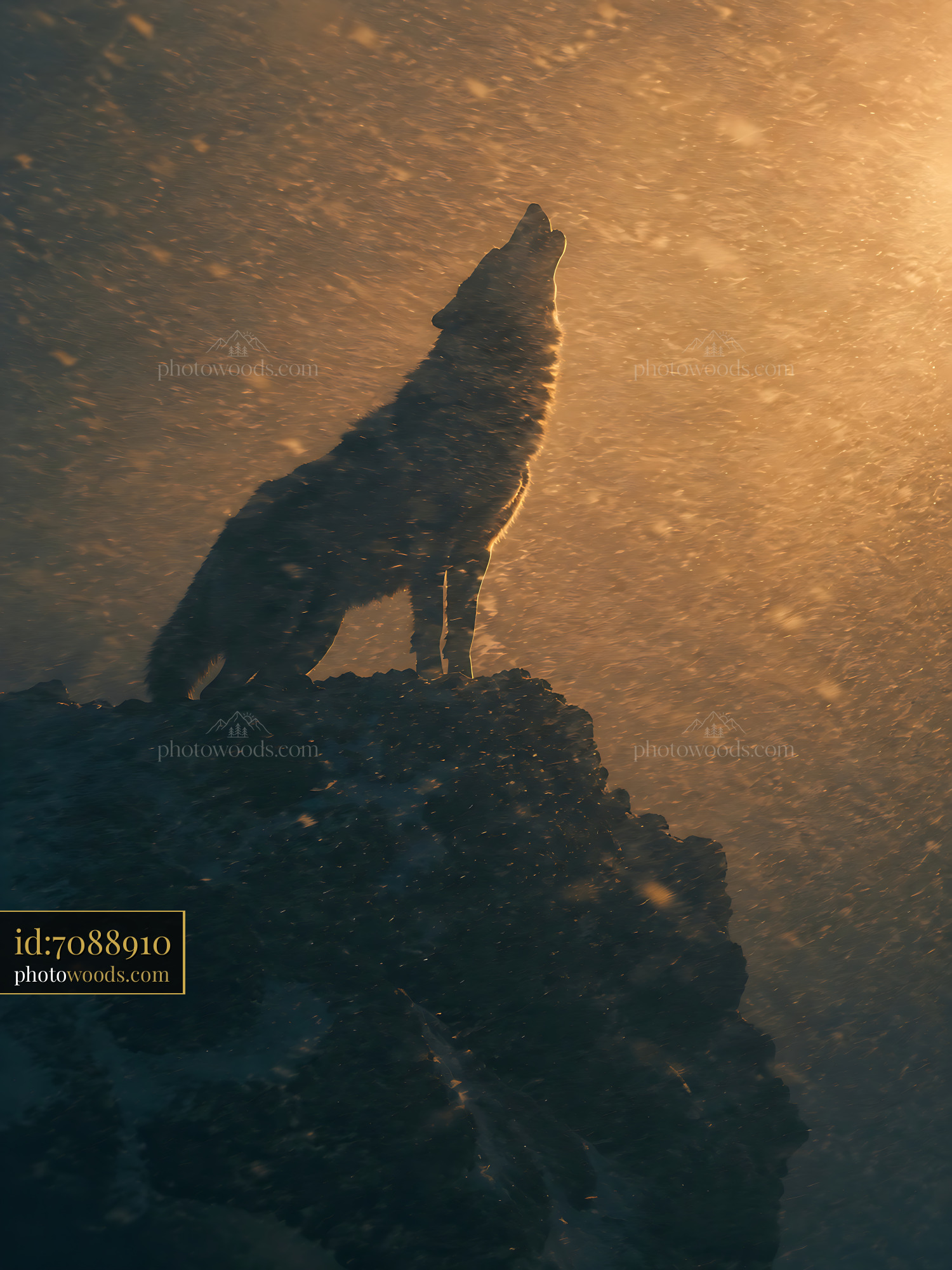 Wolf Howls on a Rocky Ledge Under a Glowing Light