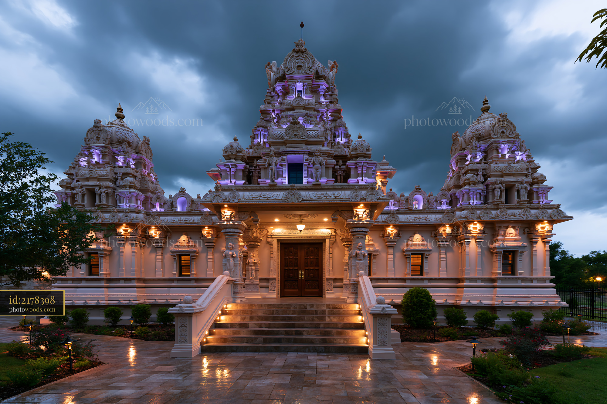 Radha Temple in Vibrant Lights During Evening