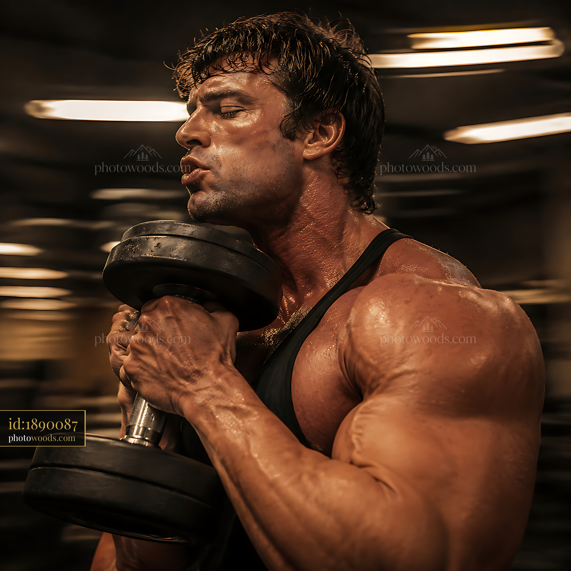 Man Lifting Dumbbell in Gym While Focusing on Workout