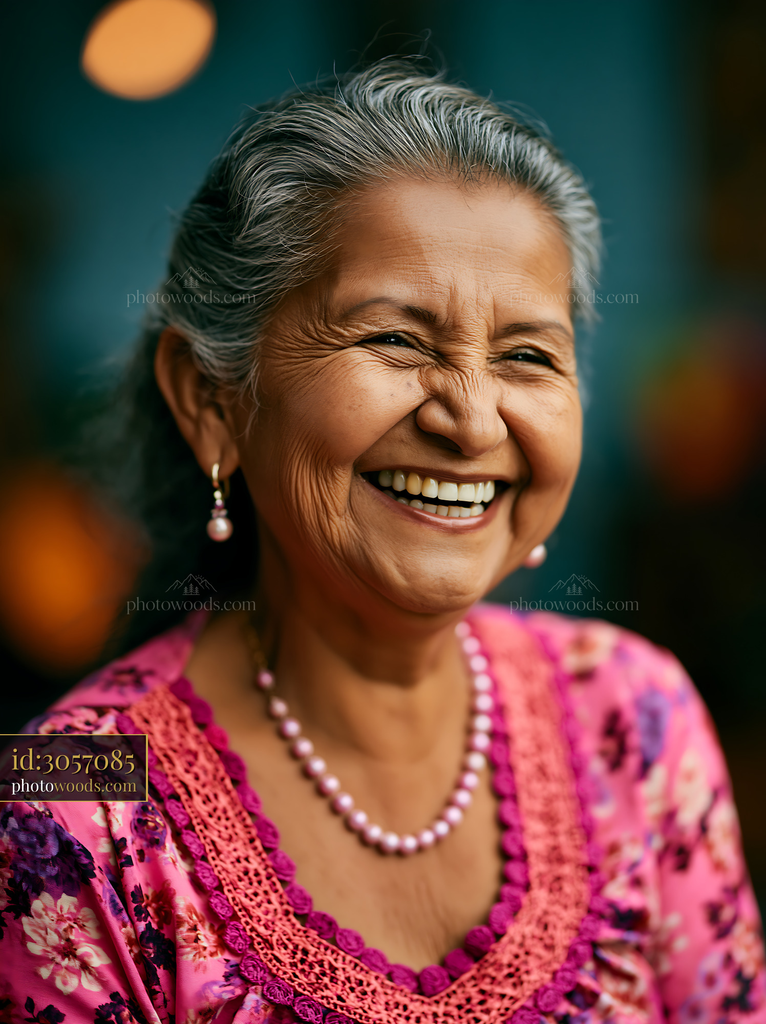 Smiling Elderly Woman Wearing Jewelry With Colorful Shirt