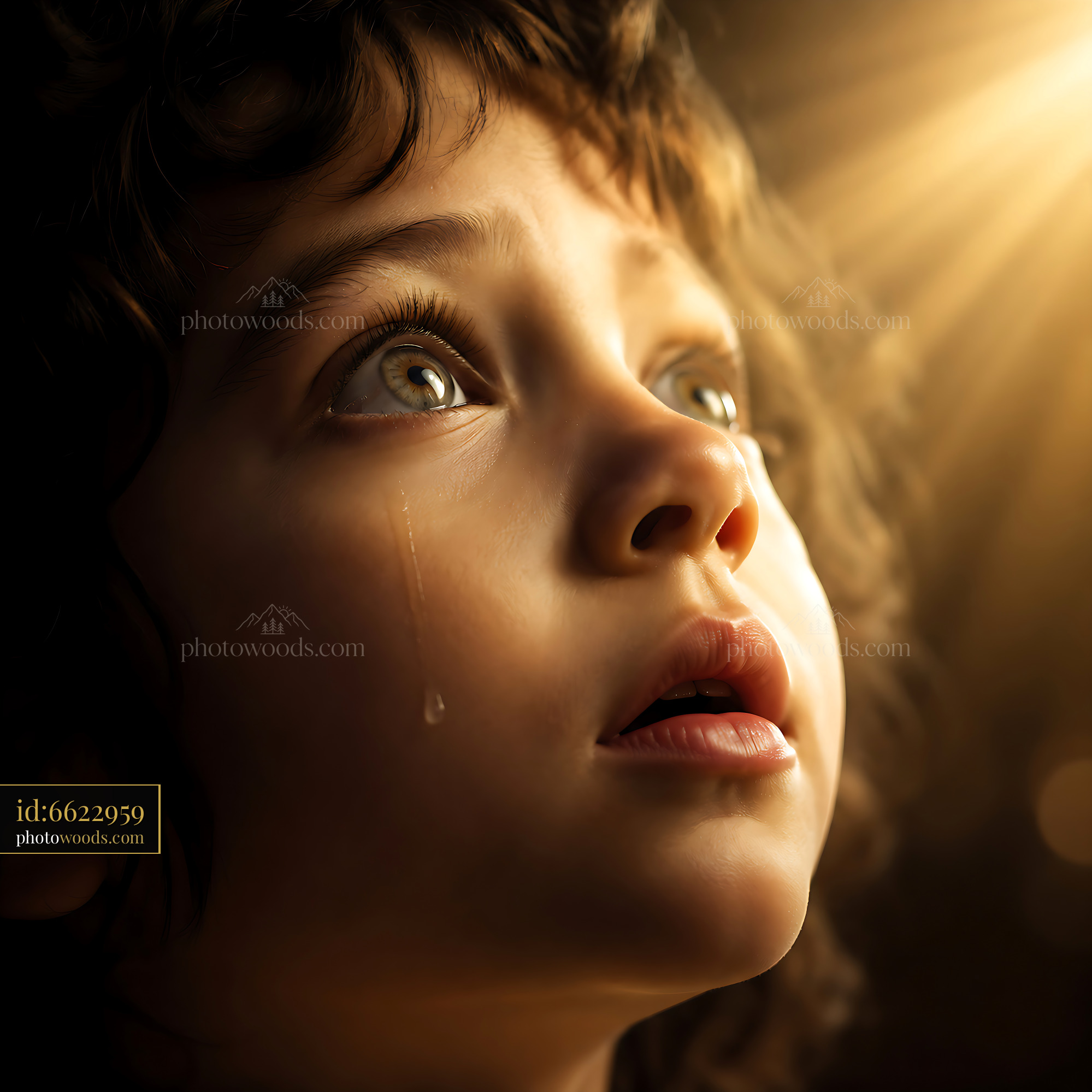 Child With Tear Looking up in Light During a Dramatic Moment