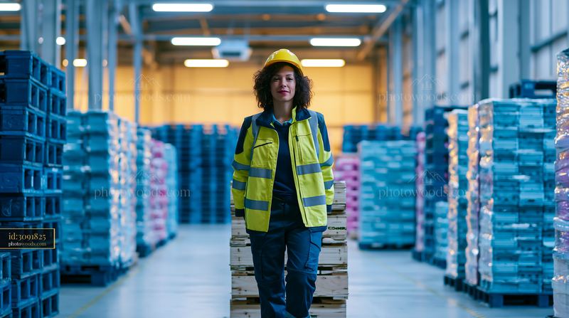 Young Female Electrician Moving Pallets in Warehouse Setting