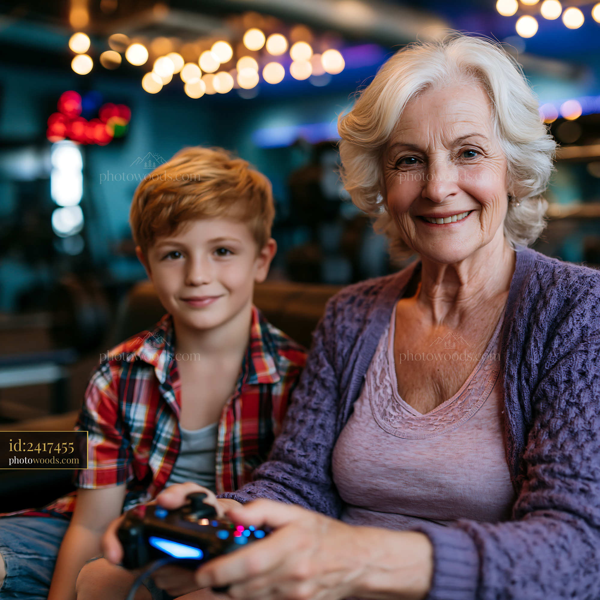Older Woman Gaming With Her Grandson in a Cozy Setting