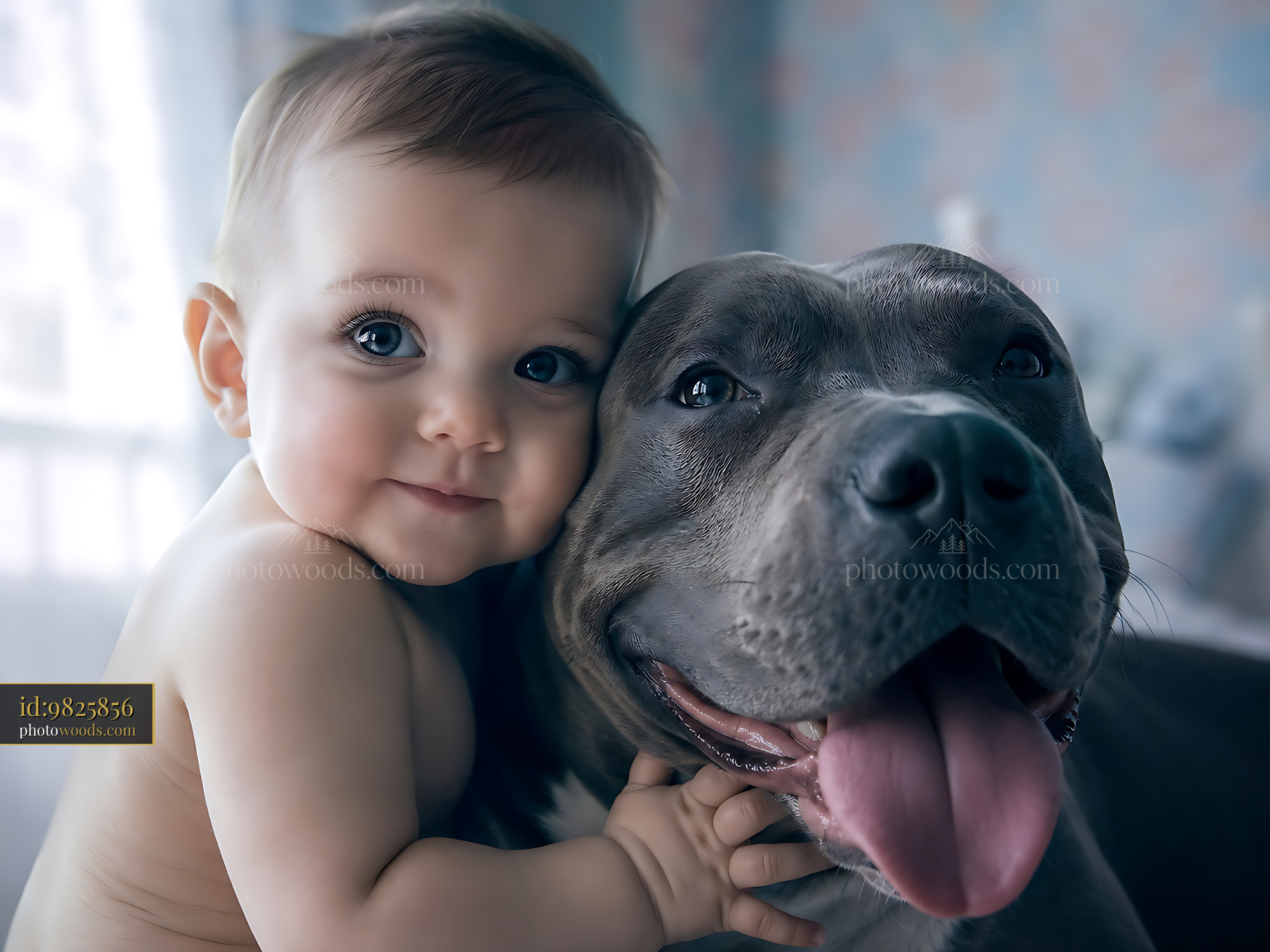Baby Hugs Dog in Warm Indoor Setting With Soft Natural Light
