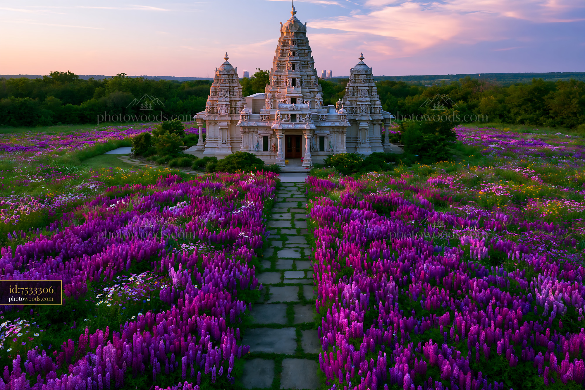 Temple Surrounded by Vibrant Wildflowers During Sunset