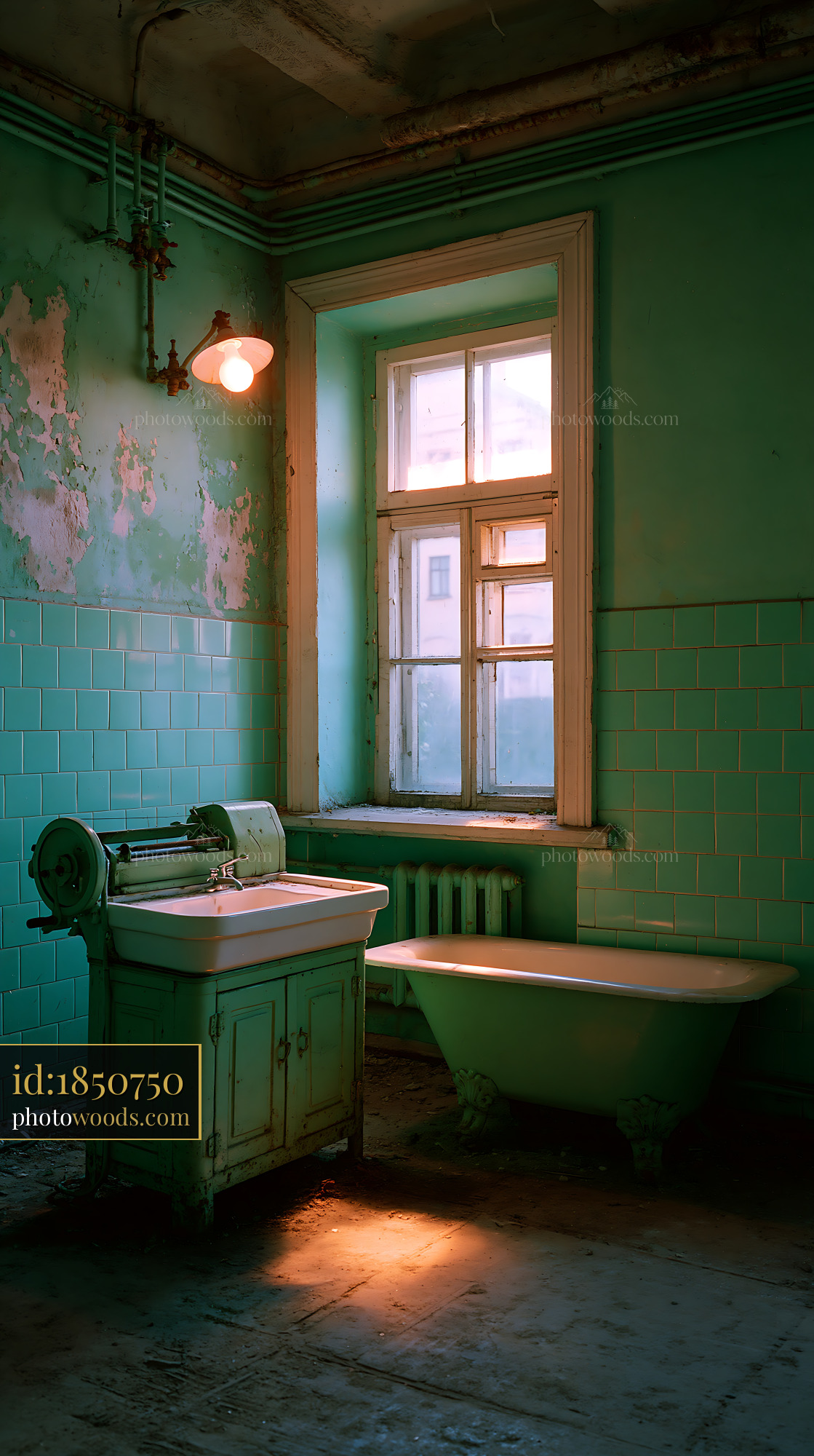 Neglected Bathroom With Exposed Plumbing and Green Tiles