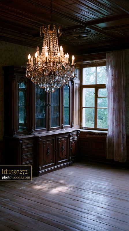 Worn Soviet Living Room With Dark Wall Unit and Chandelier