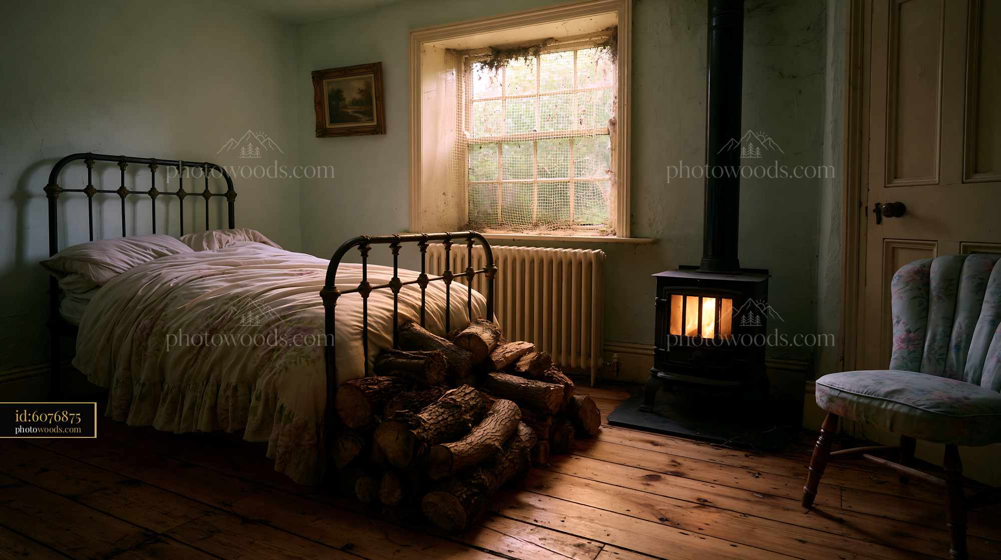 Rural Bedroom With Iron Frame Bed and Firewood Wood Stove