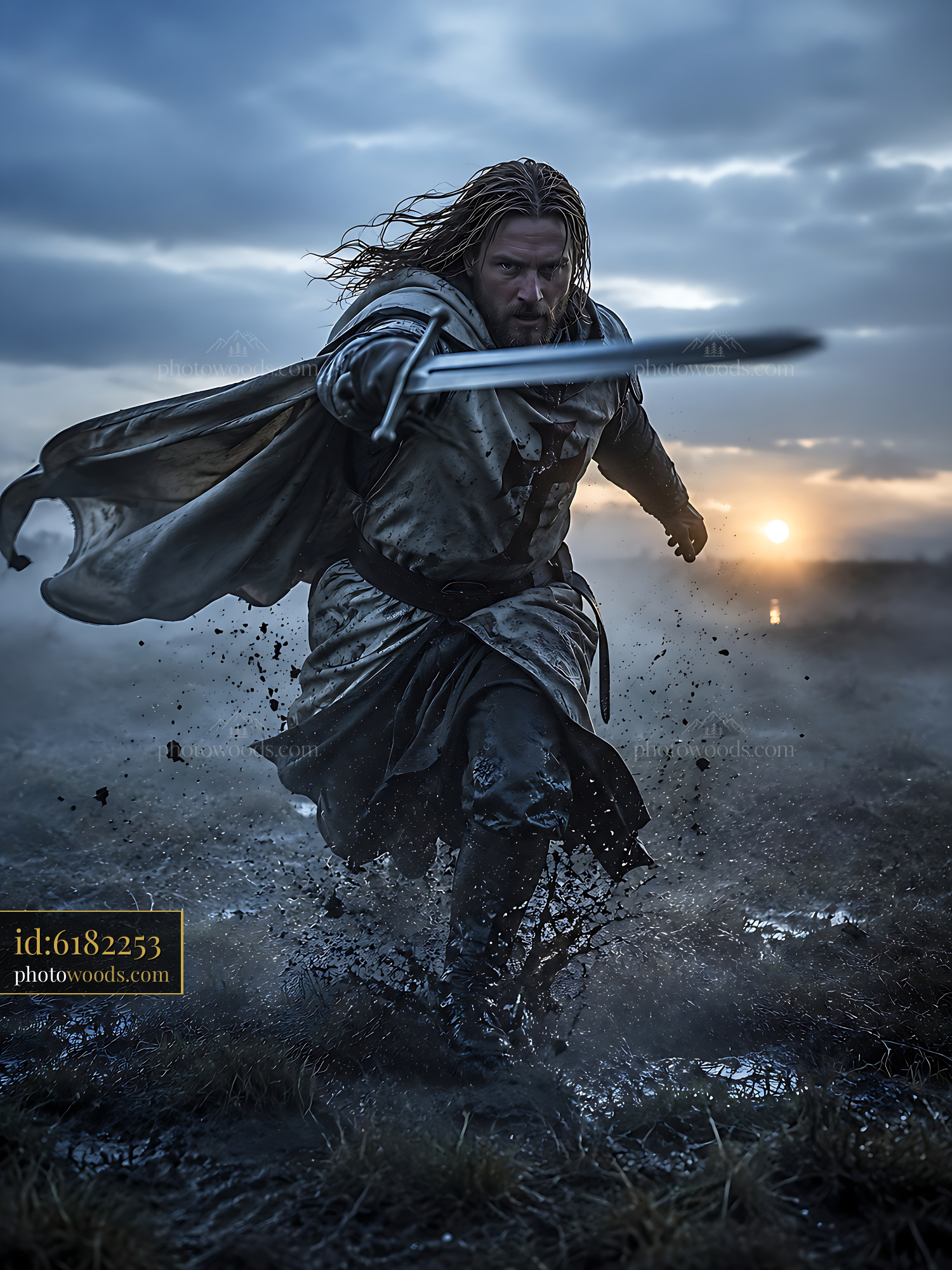 Warrior Charges Forward With Sword at Sunset in Muddy Field