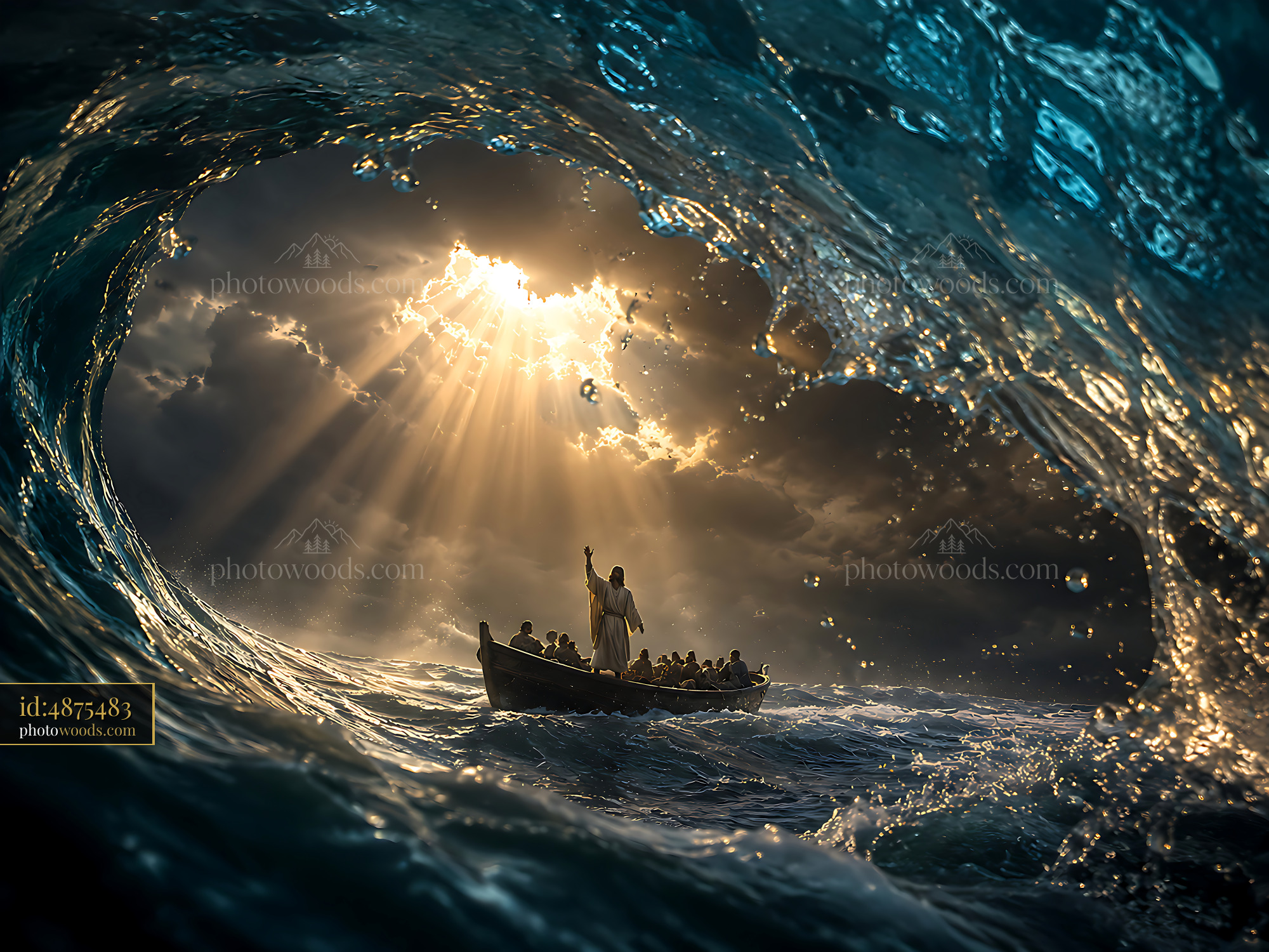 Boat Sailing Through Large Waves With Sunlight Shining Brightly